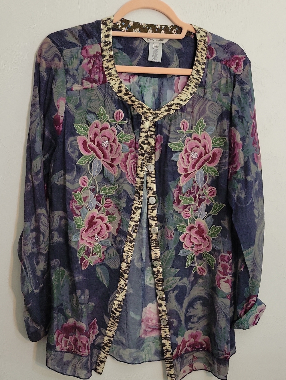 John Mark Navy Sheer Floral Embroidered Button Blouse